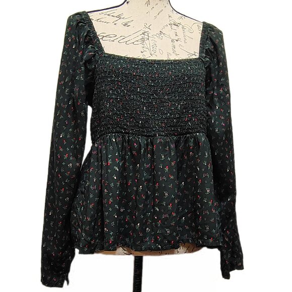 Old Navy Milkmaid Top XL Dark Foral Smocked Long Sleeve Peplum Peasant Boho Fall - Picture 2 of 7